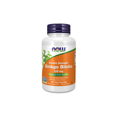 A bottle of Now Foods Ginkgo Biloba Extract 120 mg 100 Veg Capsules - Double Strength is displayed with an orange and white label, formulated to support cognitive function and provide antioxidant benefits.